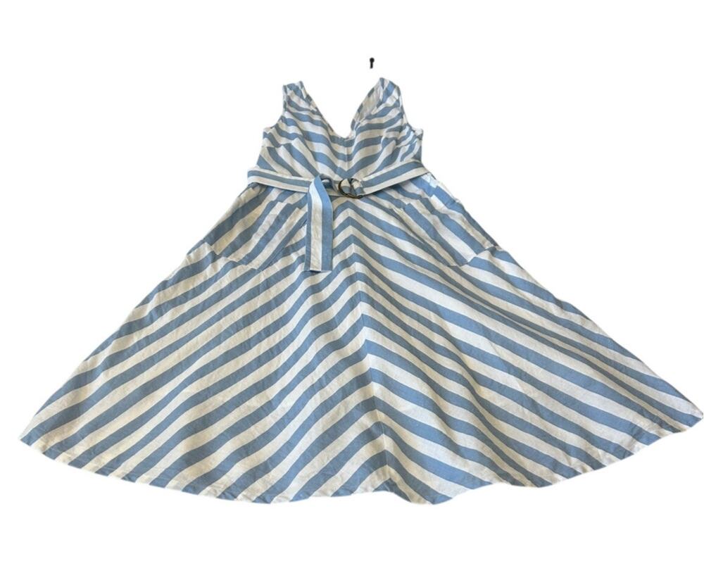 Kate Spade New York Deck Midi Dress Sz 4 Blue White Stripe Linen Blend V Neck